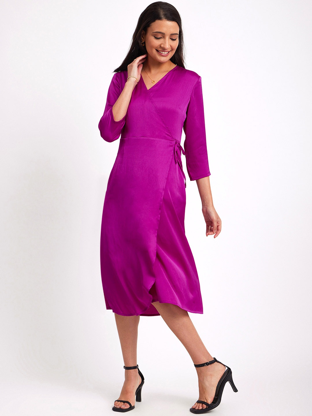 

FableStreet V-Neck Satin Wrap Midi Dress, Fuchsia