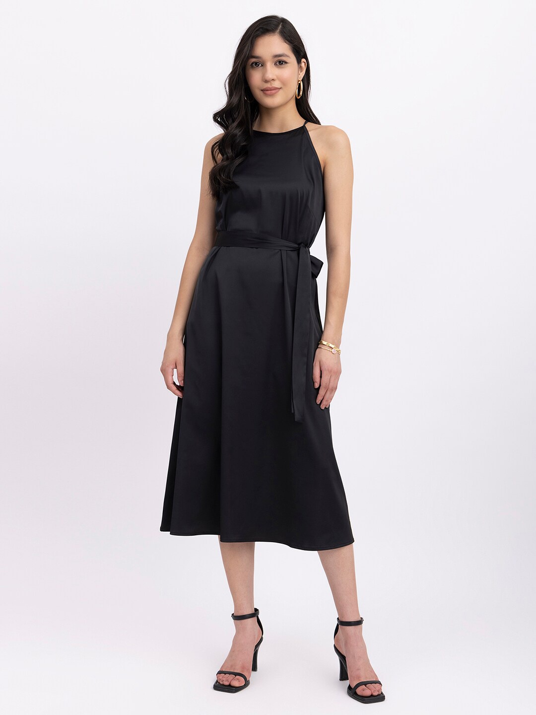

FableStreet Shoulder Strap Satin Fit & Flare Midi Dress, Black