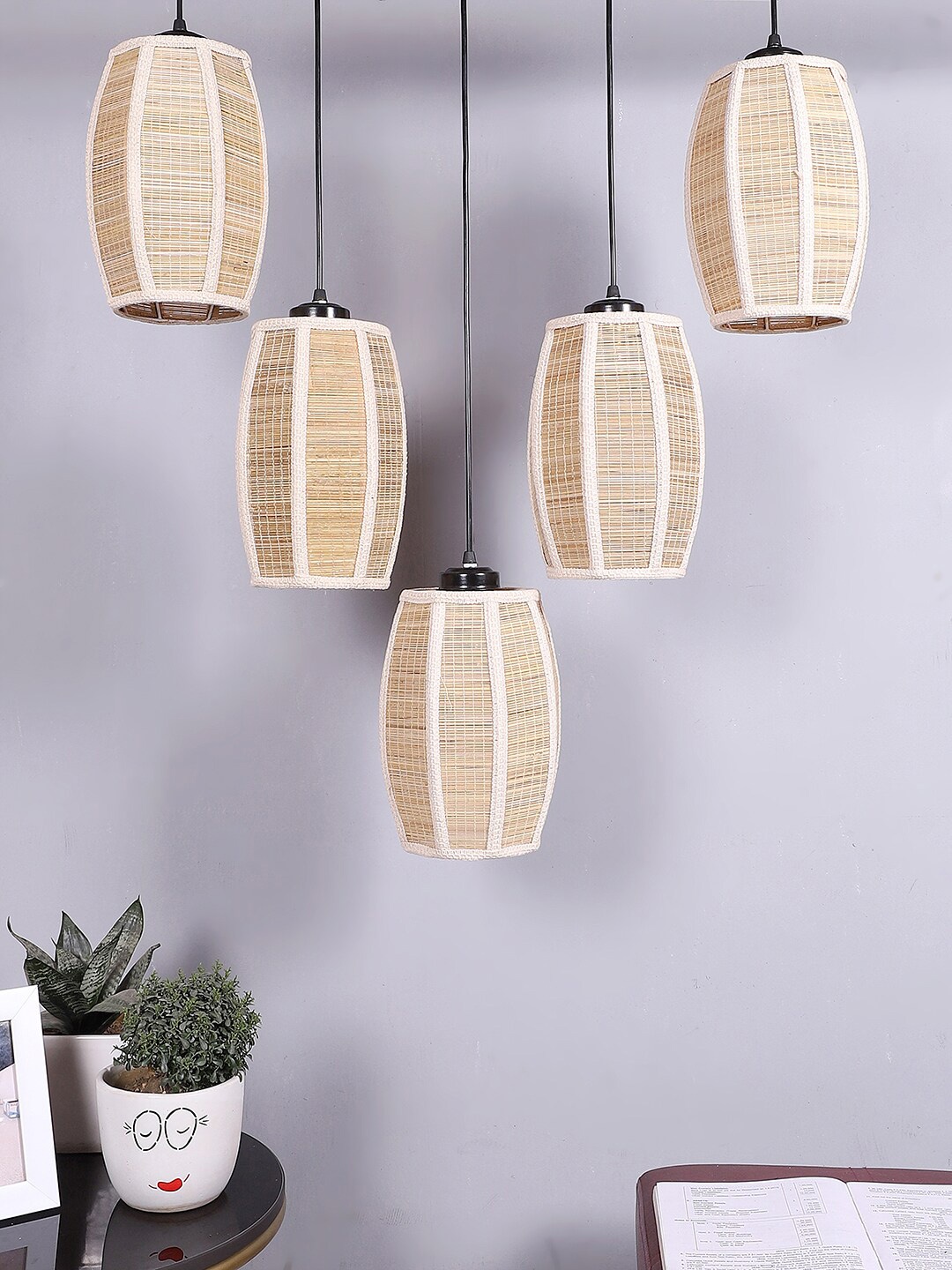 

Devansh Beige & Black Textured Dholak Bamboo Ceiling Lamp