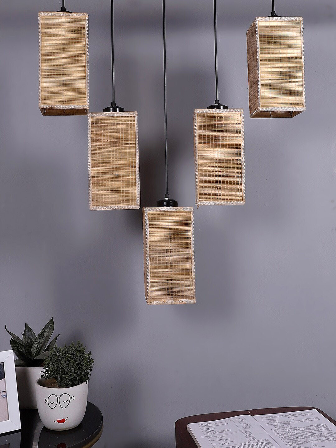 

Devansh Beige & Black Textured Square Bamboo Ceiling Lamp
