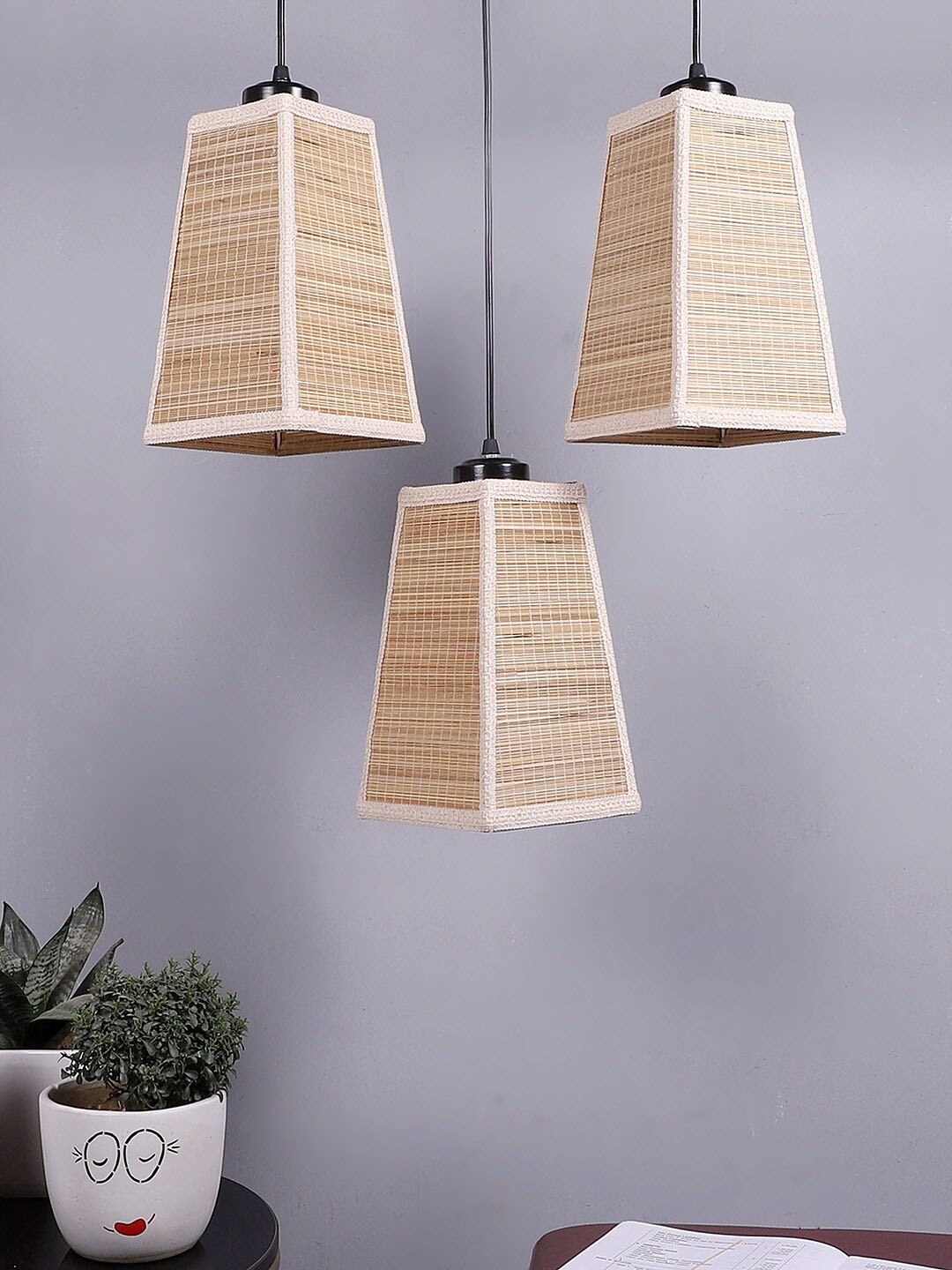 

Devansh Beige & Black Textured Pyramid Bamboo Hanging lamp