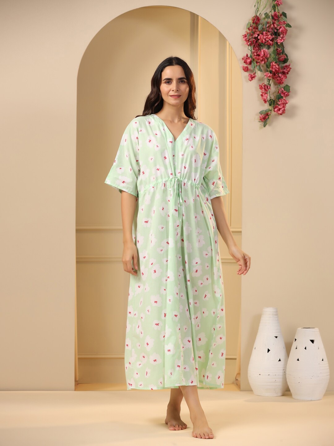 

SANSKRUTIHOMES Lime Green Floral Printed Pure Cotton Maxi Nightdress
