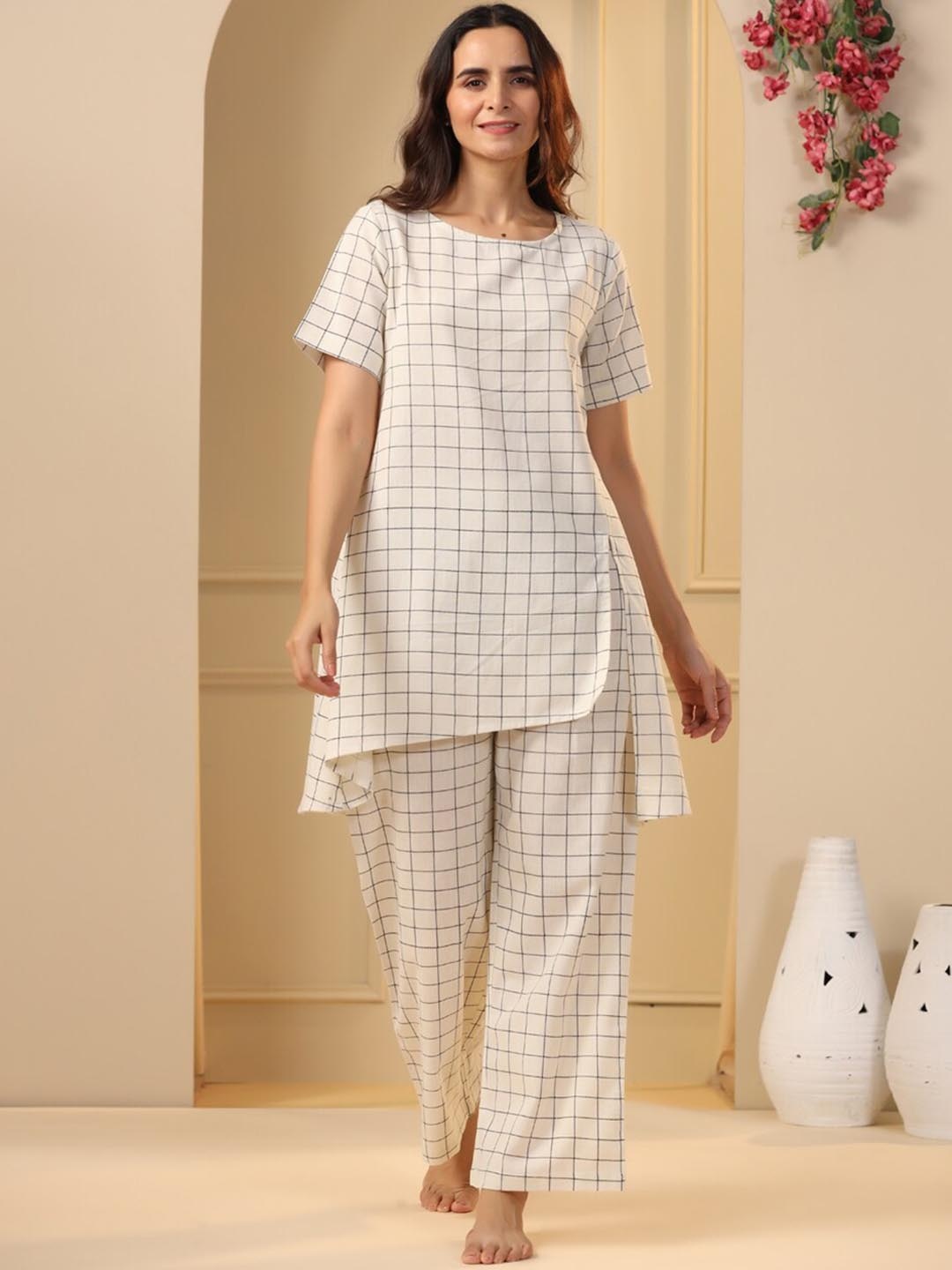 

SANSKRUTIHOMES Off White Checked Pure Cotton Night Suit