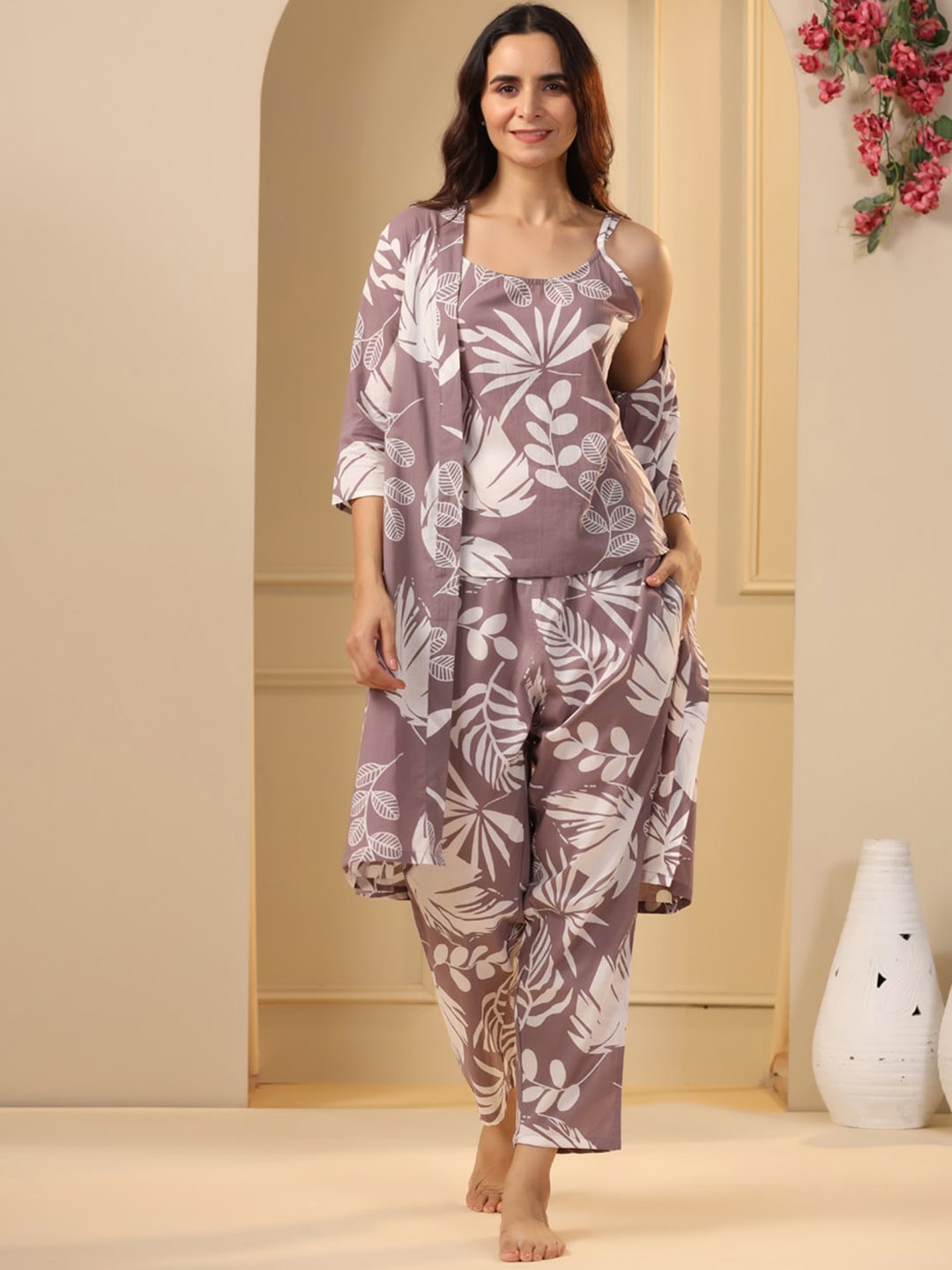 

SANSKRUTIHOMES Purple & White 3 Pieces Floral Printed Pure Cotton Night Suit