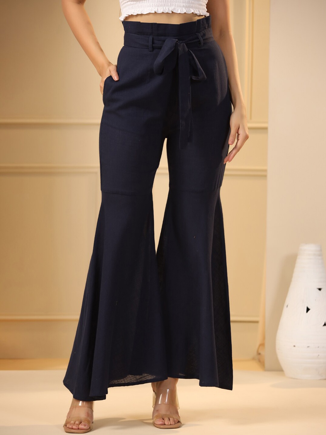 

SANSKRUTIHOMES Women Navy Blue Flared Pure Cotton Trousers