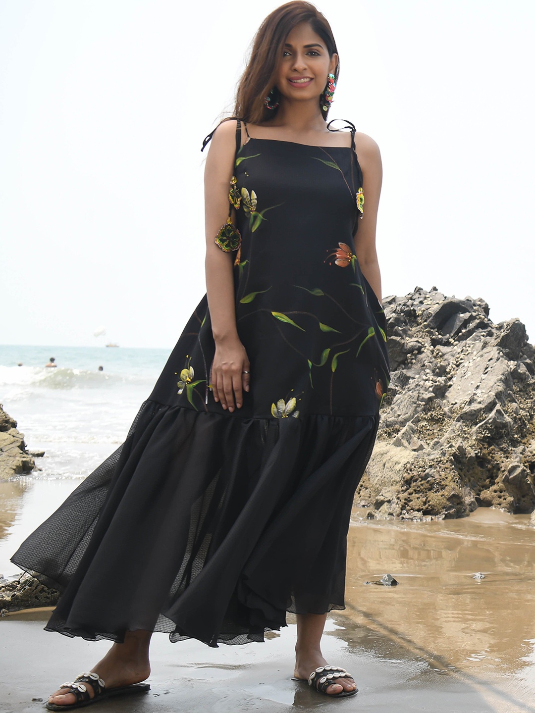 

Bunaai Floral Printed A-Line Maxi Cotton Ethnic Dress, Black