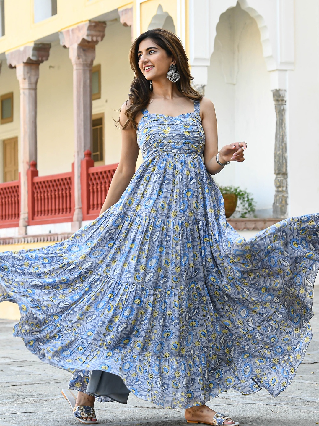 

Bunaai Floral Printed Fit & Flare Maxi Ethnic Dresses, Grey
