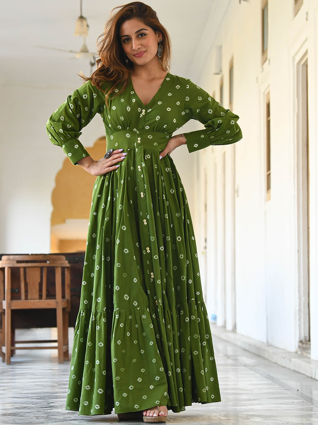 

Bunaai Bandhani Printed Bishop Sleeves Fit & Flare Cotton Maxi Ethnic Dress, Green