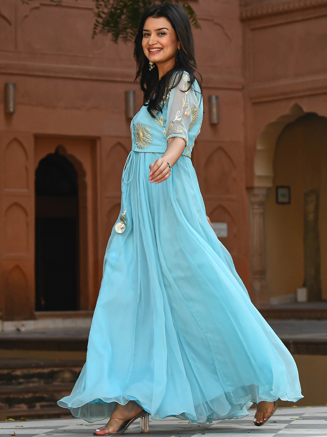 

Bunaai Sweetheart Neck Fit & Flare Maxi Ethnic Dress & Jacket, Turquoise blue