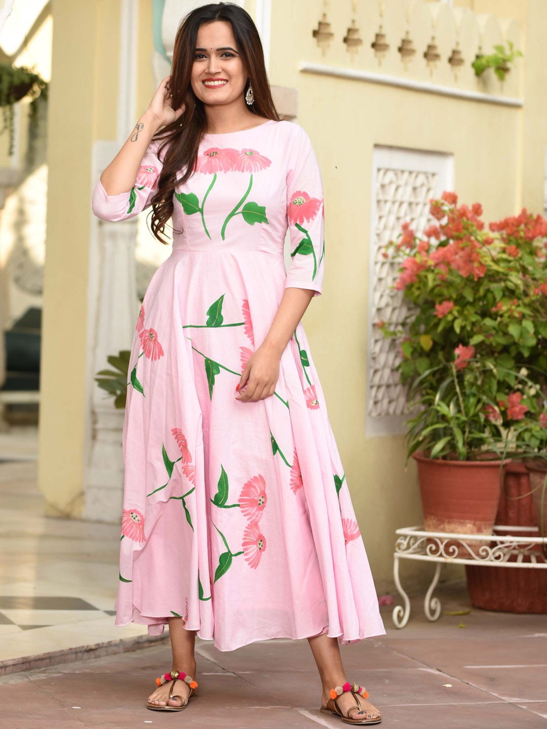 

Bunaai Floral Printed Cotton Midi Ethnic Dress, Pink
