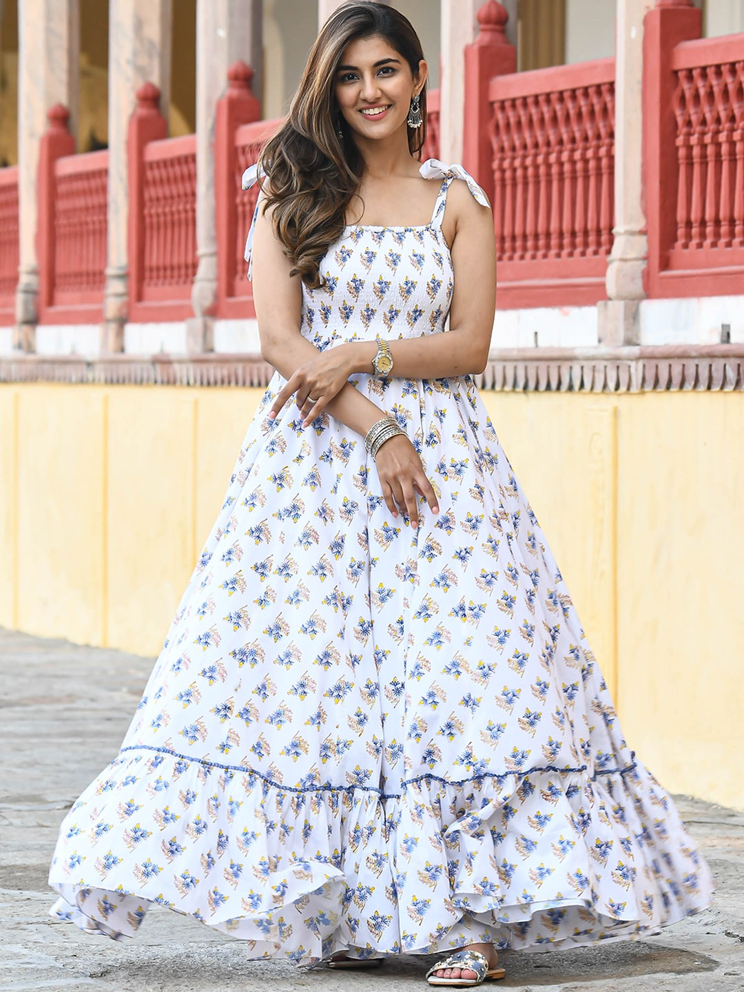 

Bunaai Floral Printed Cotton Fit & Flare Maxi Dress, White