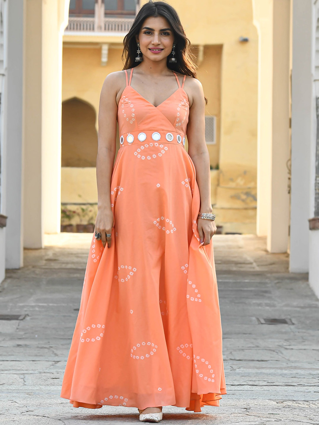 

Bunaai Bandhani Printed Mirror Work Fit & Flare Cotton Maxi Ethnic Dress, Peach