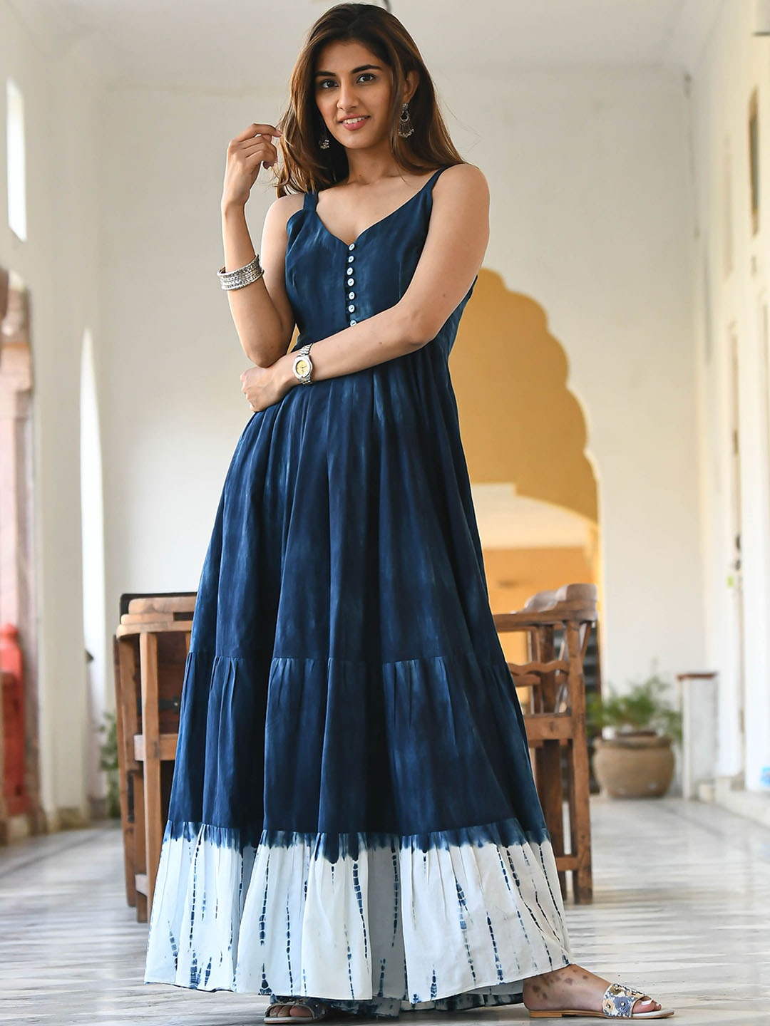 

Bunaai Dyed Pure Cotton Maxi Ethnic Dress, Navy blue