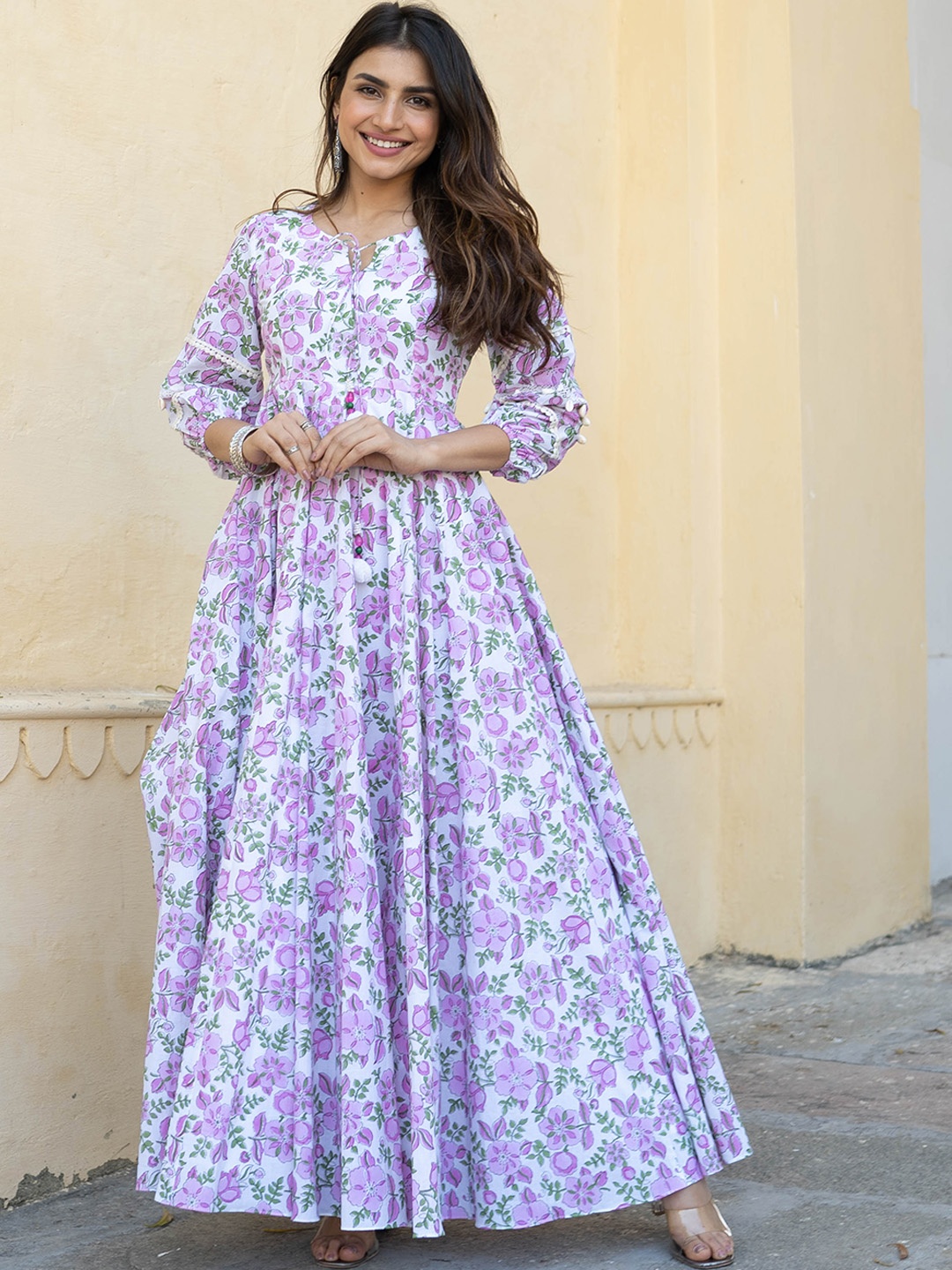 

Bunaai Floral Printed Cotton Maxi Ethnic Dress, White