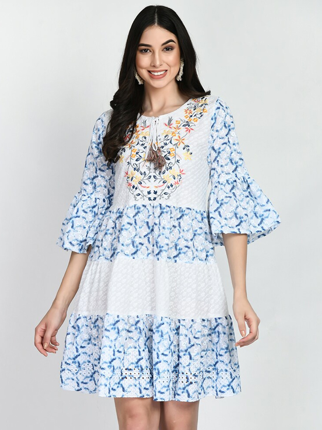 

TBOJ Floral Embroidered Tie-Up Neck Cotton A-Line Dress, Blue