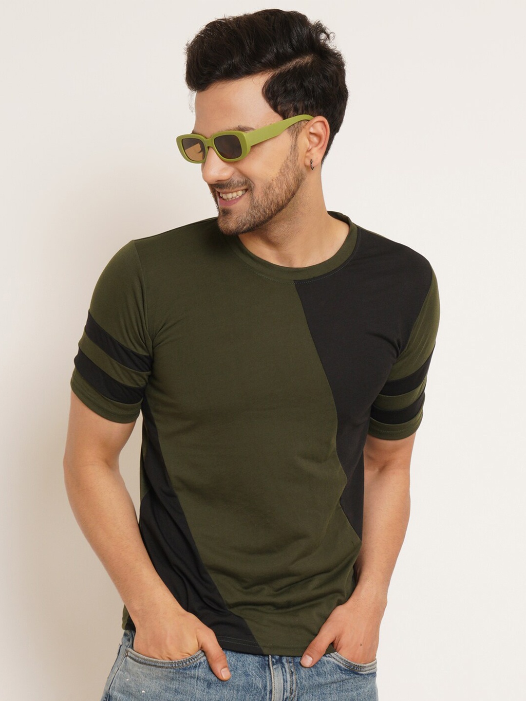 

Kushi Flyer Round Neck Colourblocked Cotton T-shirt, Olive