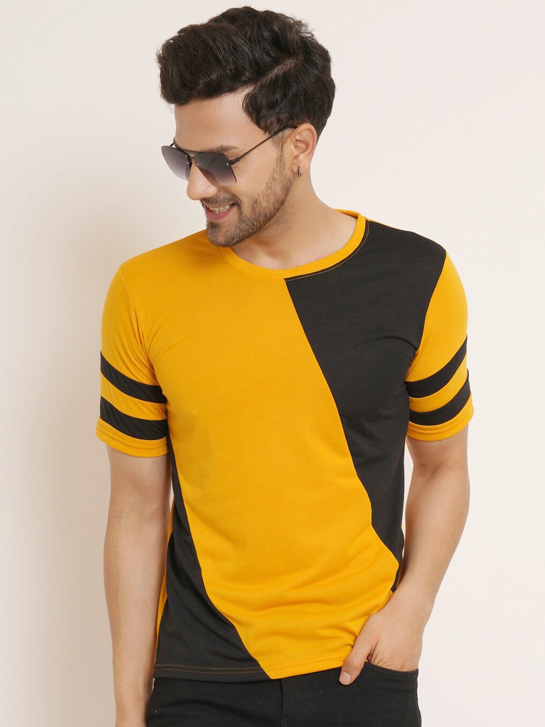 

Kushi Flyer Round Neck Colourblocked Cotton T-shirt, Mustard