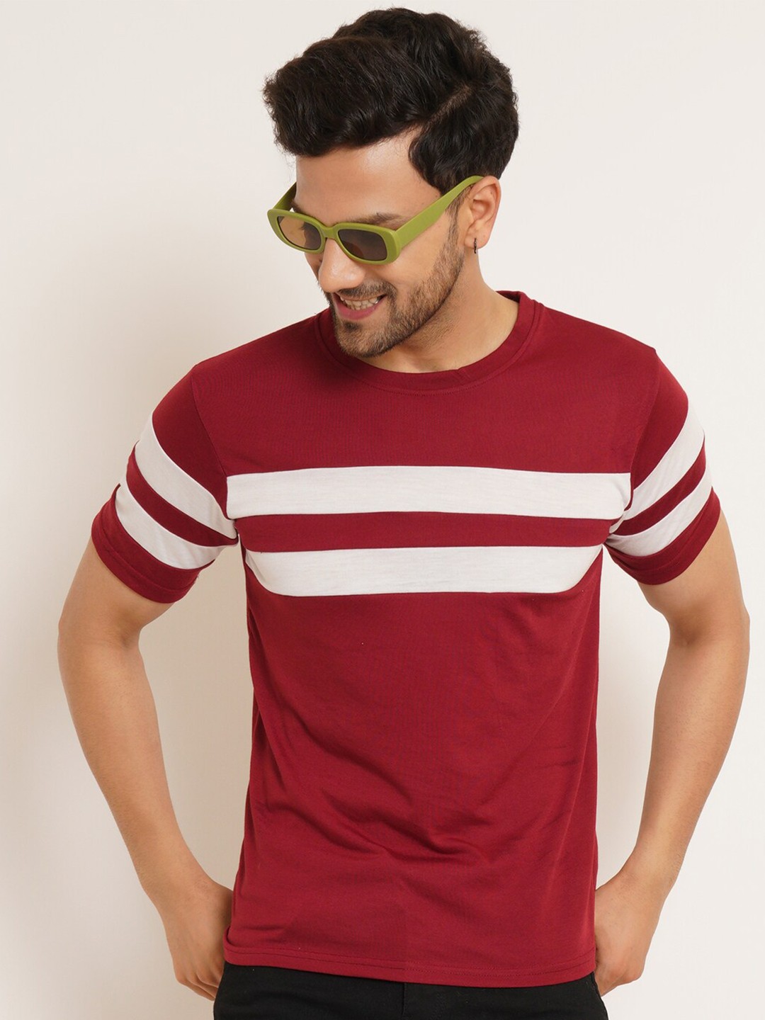 

Kushi Flyer Round Neck Striped Cotton T-shirt, Maroon