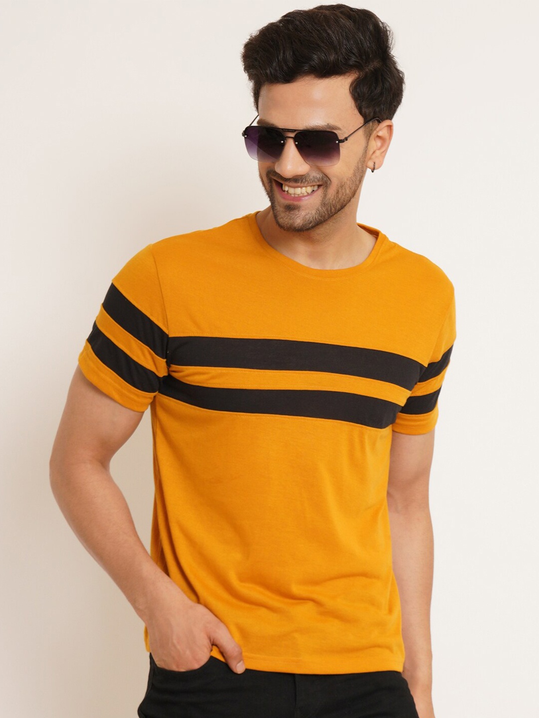 

Kushi Flyer Round Neck Striped Cotton T-shirt, Mustard