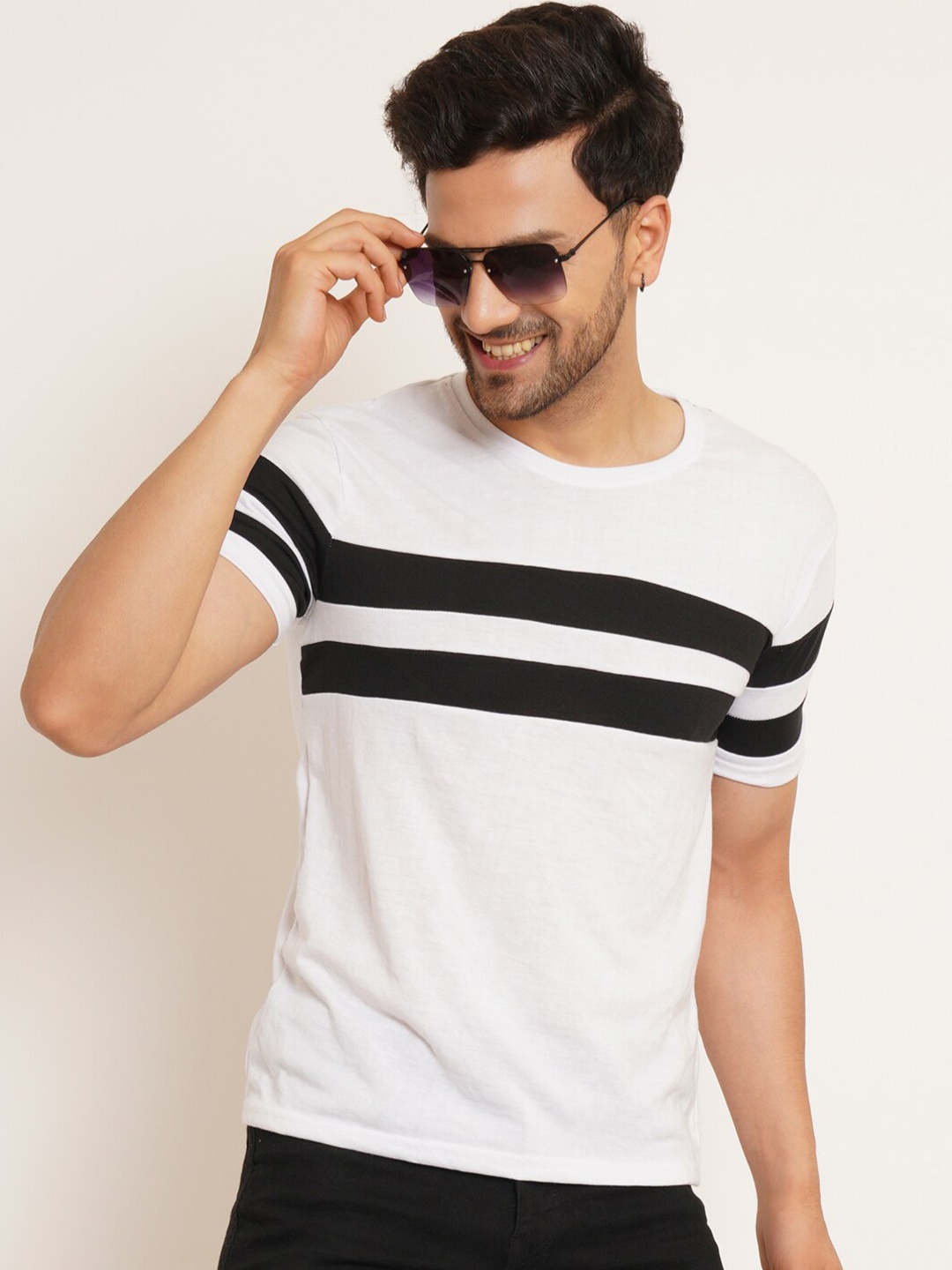 

Kushi Flyer Round Neck Striped Cotton T-shirt, White