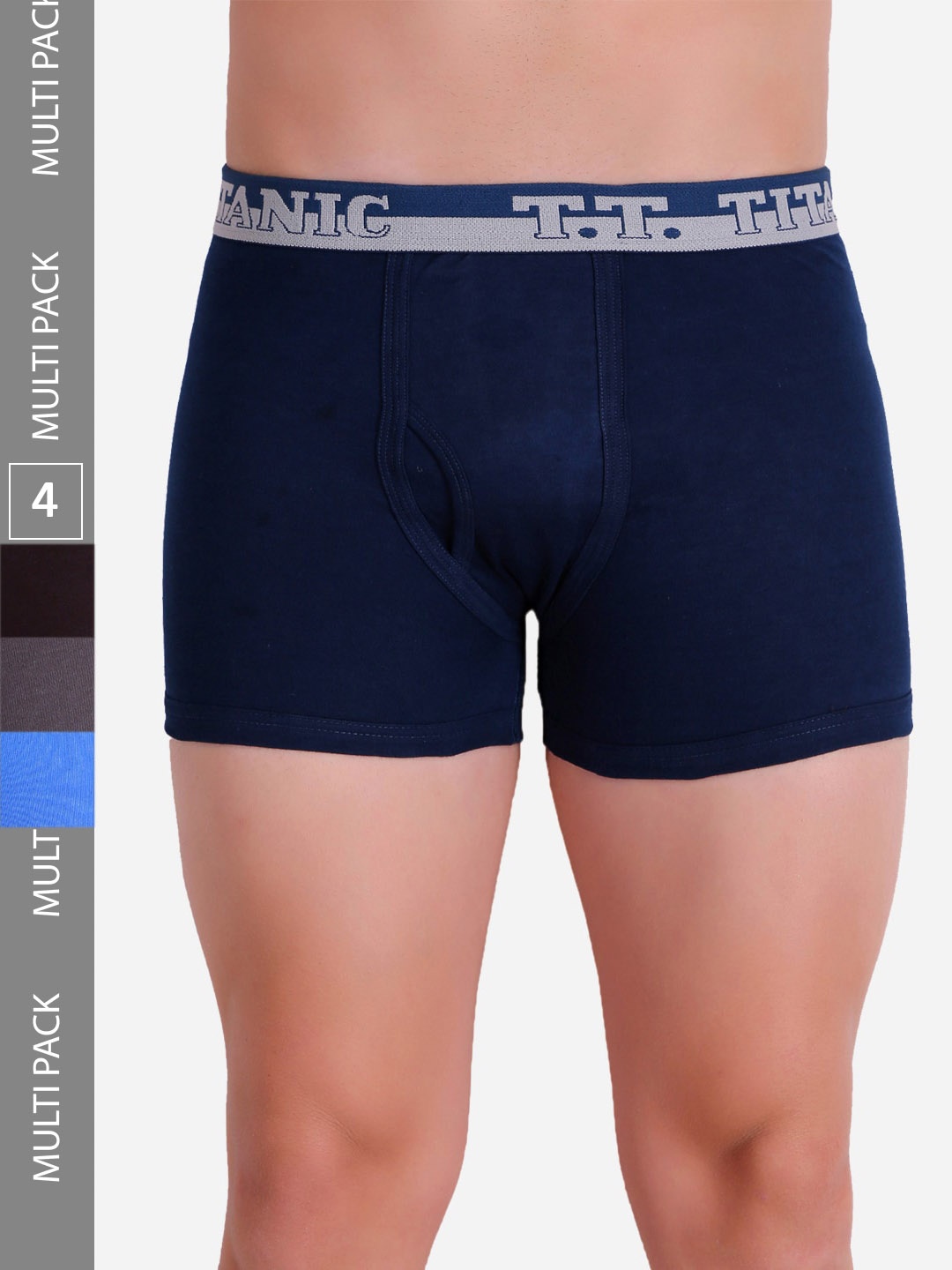 

T.T. Men Titanic ICD Assorted Long Pack Of 4 Pure Cotton Trunks, Blue