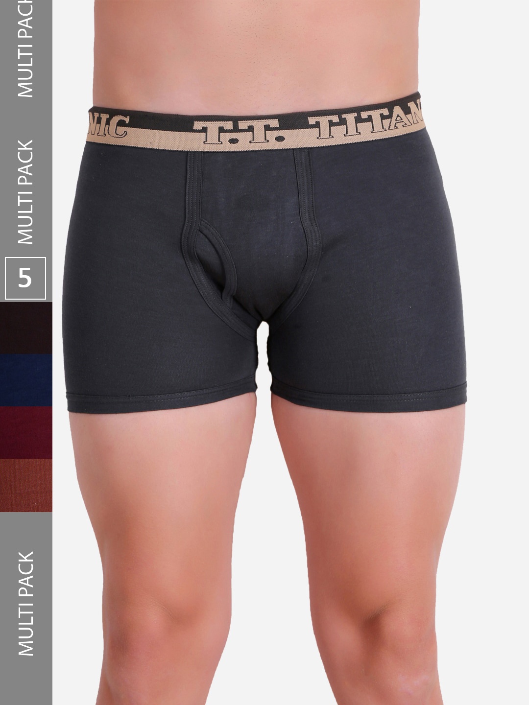 T.T. Men Titanic ICD Assorted Long Pack Of 5 Pure Cotton Trunks, Brown