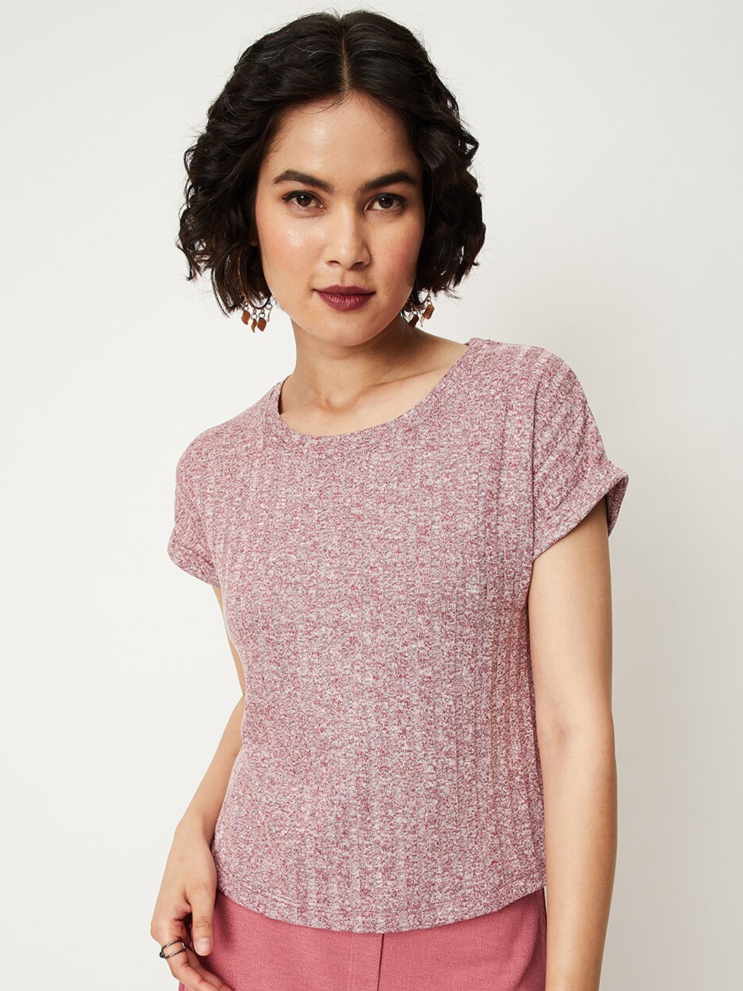 

max Self Design Round Neck T-shirt, Mauve