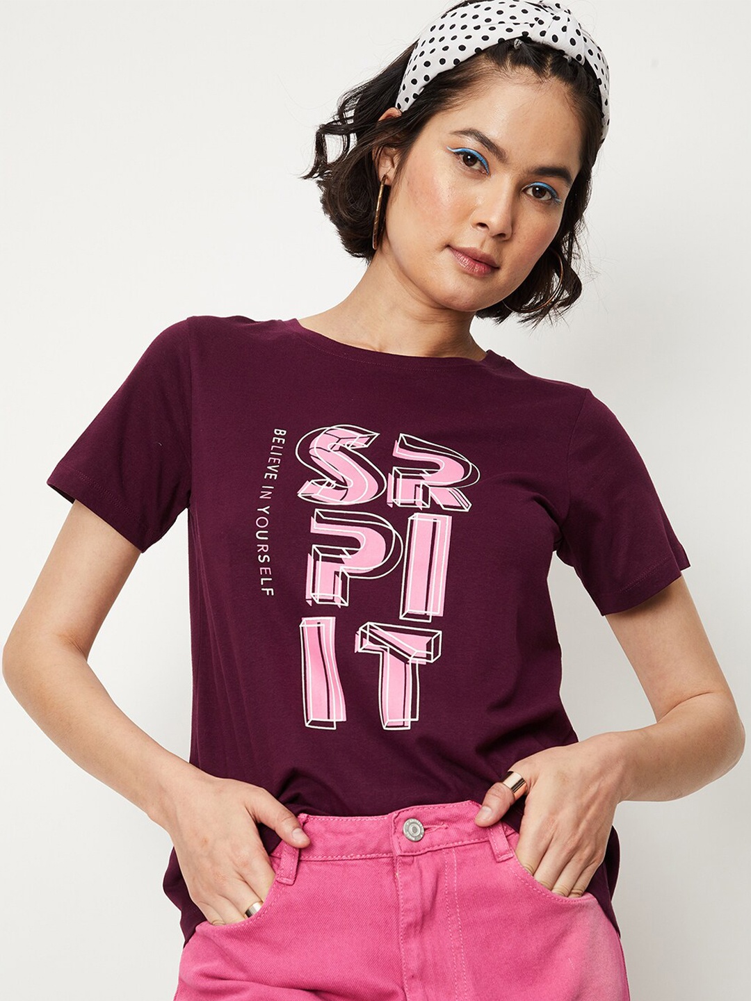 max Typography Printed Pure Cotton T-shirt, Maroon