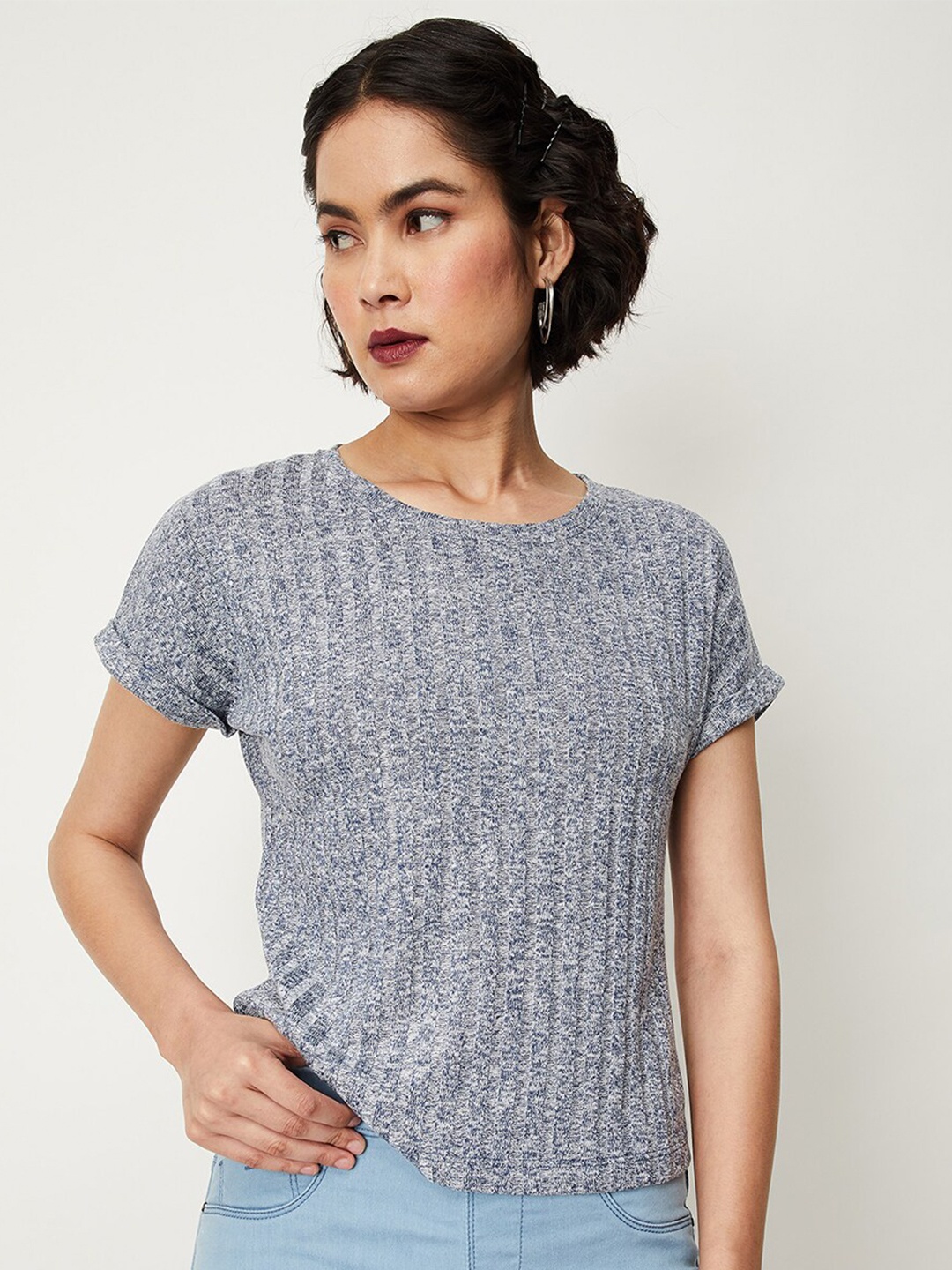 

max Self Design Round Neck T-shirt, Navy blue