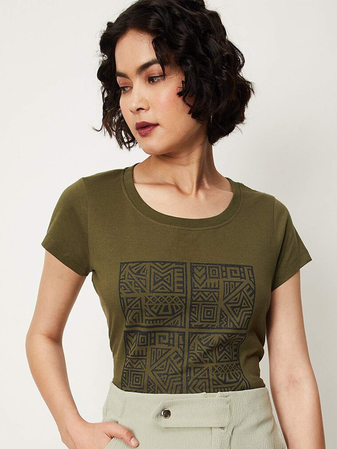

max Tribal Printed Pure Cotton T-shirt, Olive