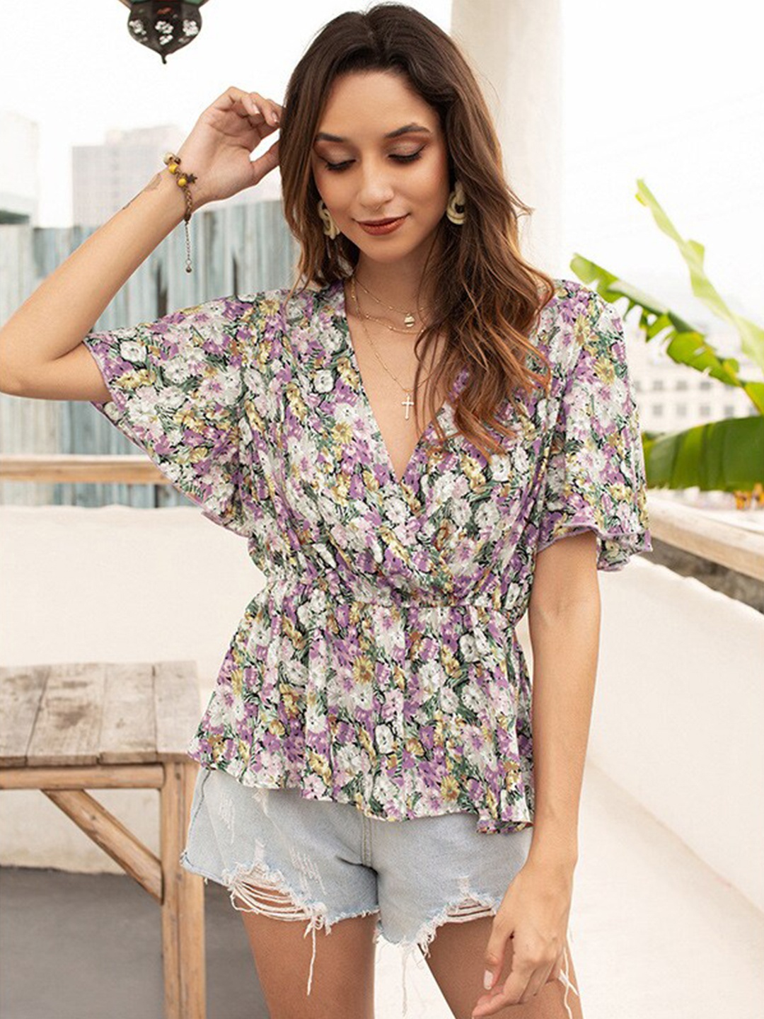 

BoStreet Lavender & Off White Floral Printed Flared Sleeve Wrap Top, Purple