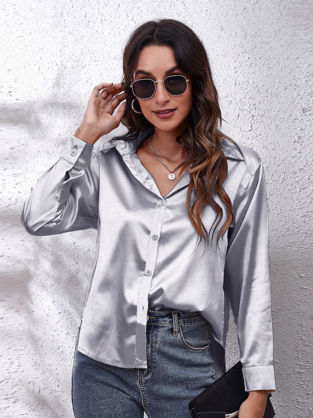 

BoStreet Grey Shirt Collar Shirt Style Top