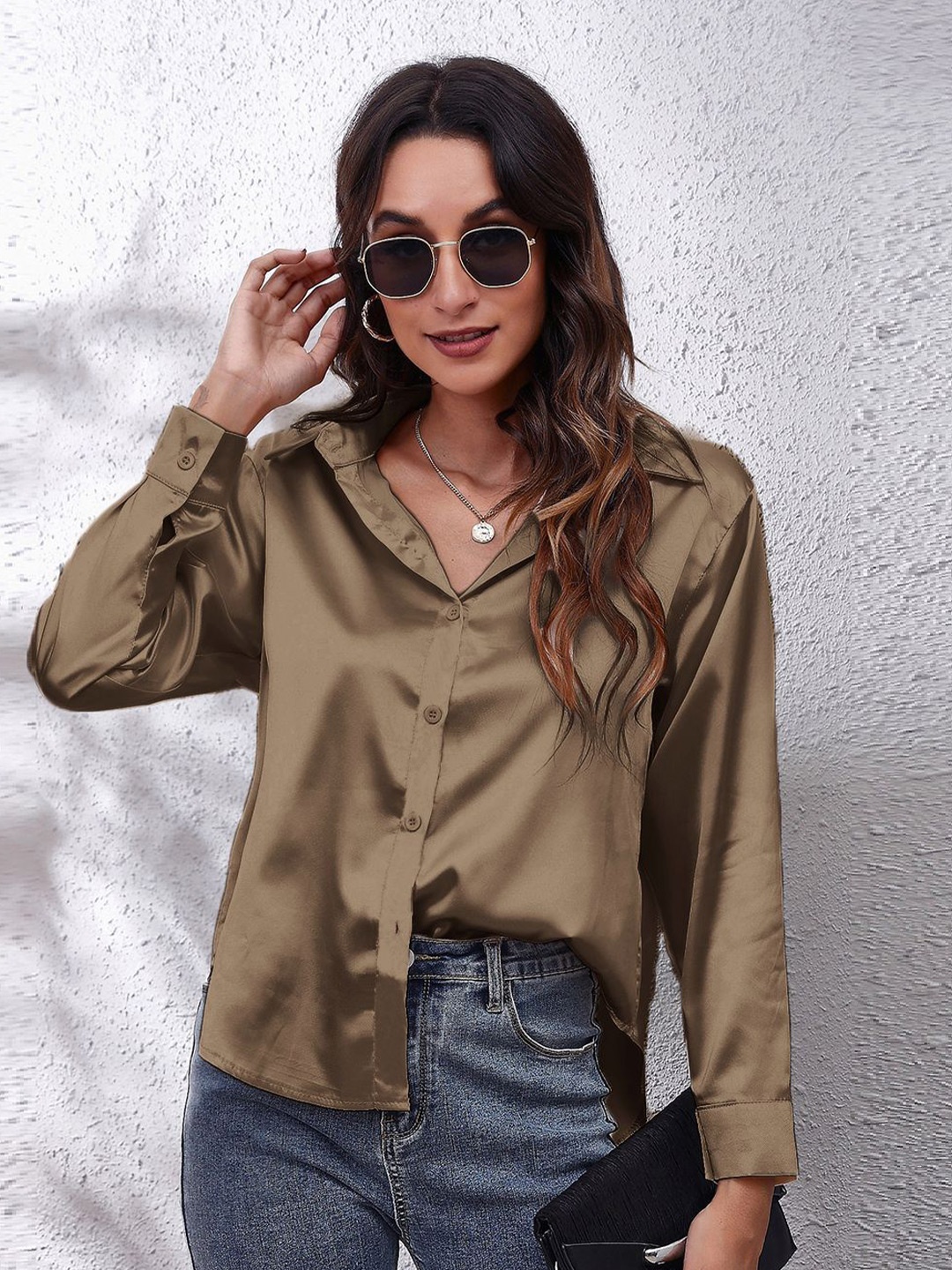 

BoStreet Khaki Cuffed Sleeve Shirt Style Satin Top