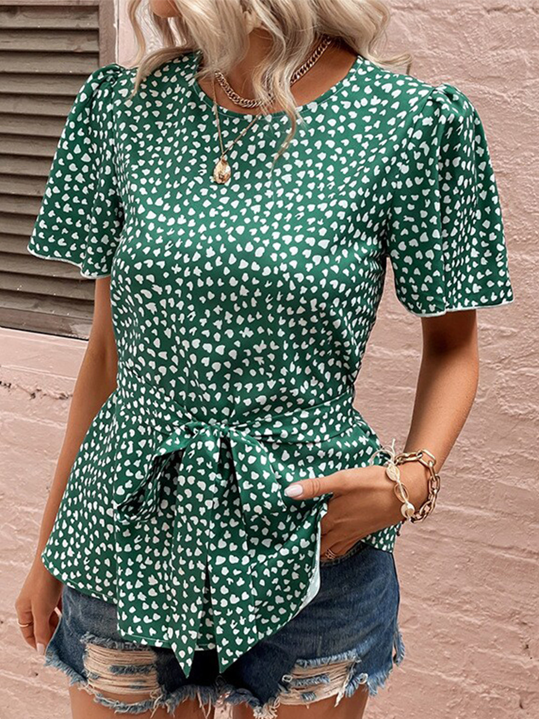 

BoStreet Green & White Conversational Printed Waist Tie Ups Detail Regular Top