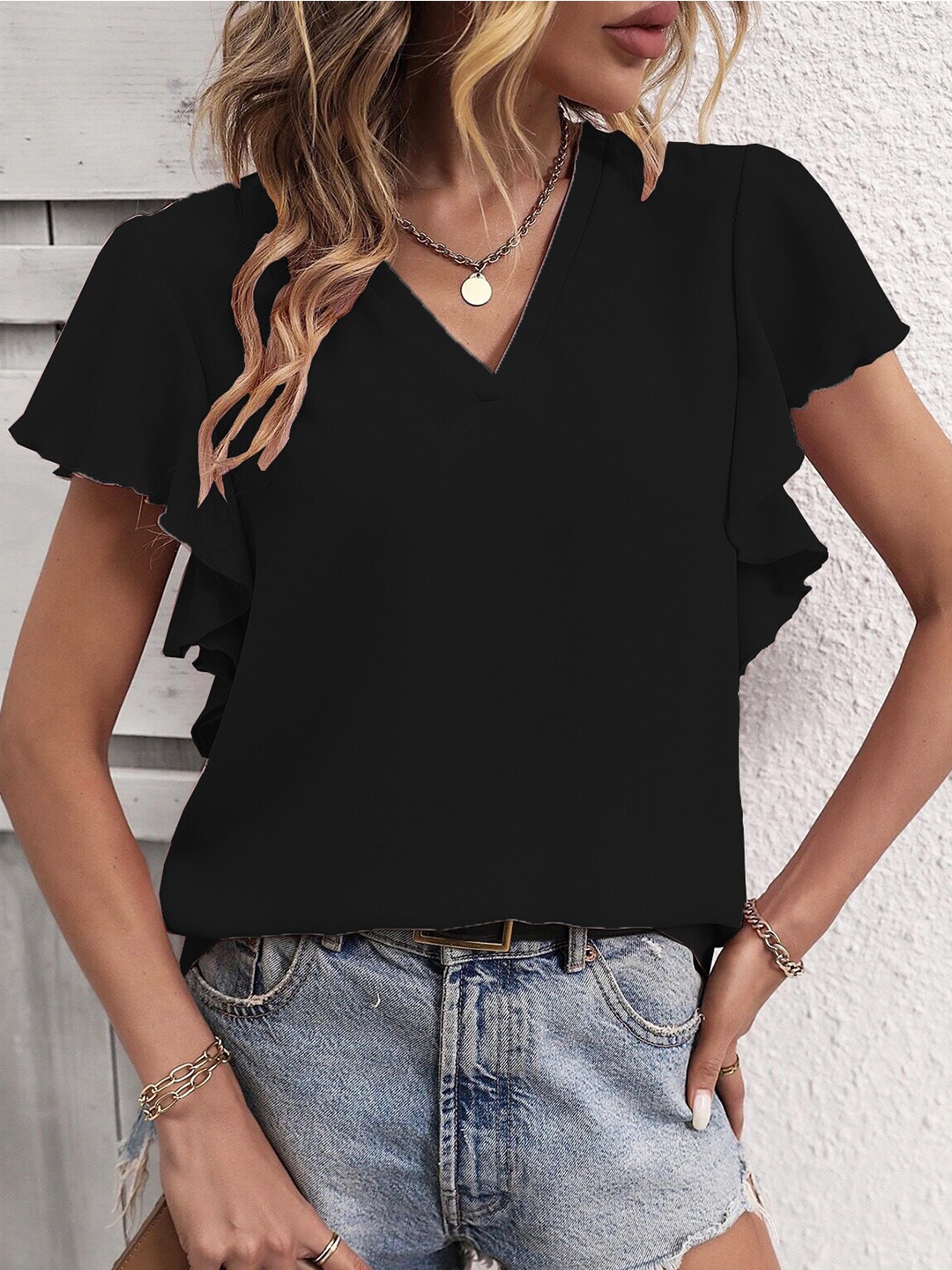 

StyleCast Black V-Neck Flutter Sleeves Top