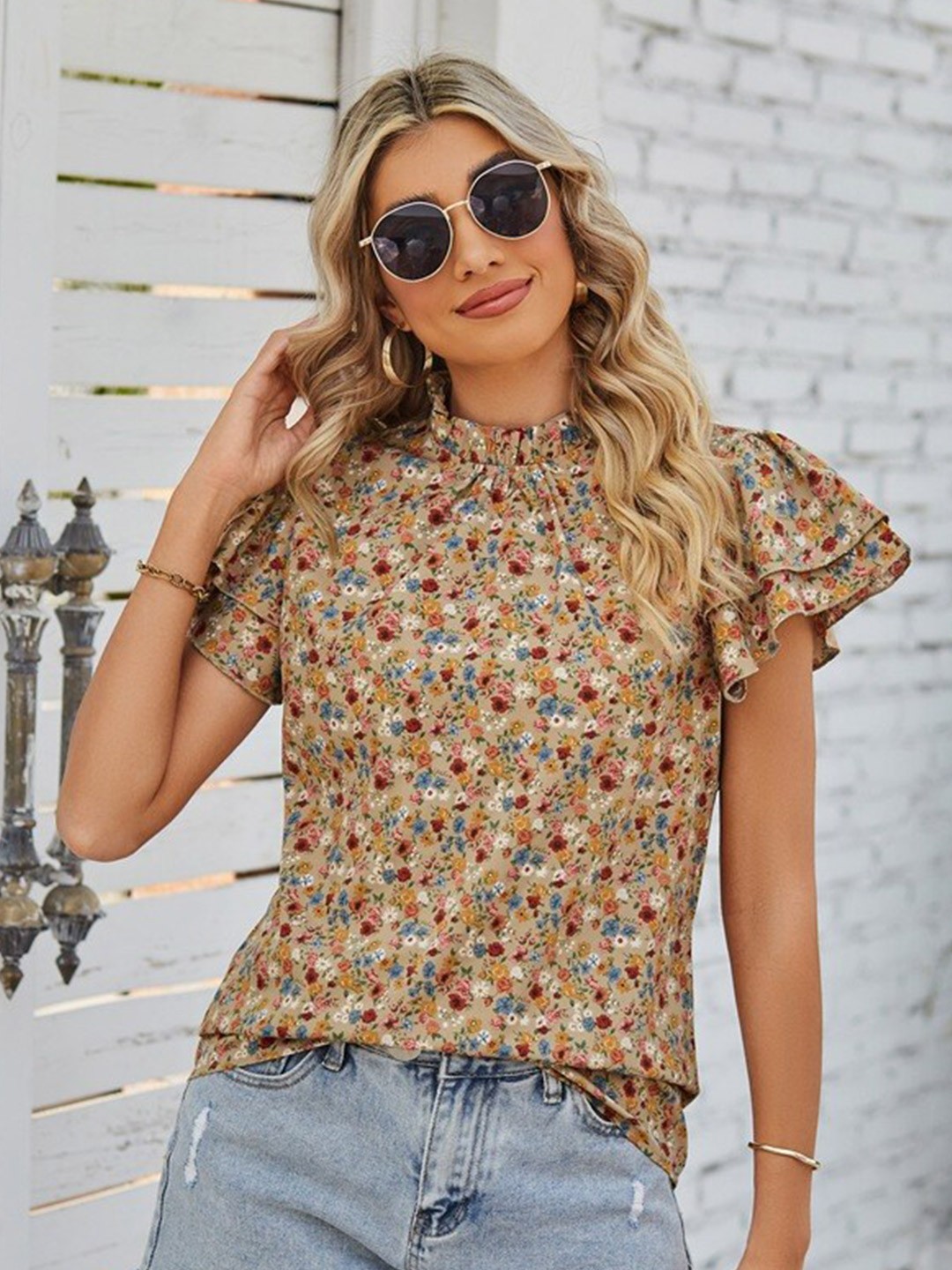 

BoStreet Brown Floral Printed High Neck Flutter Sleeve Top