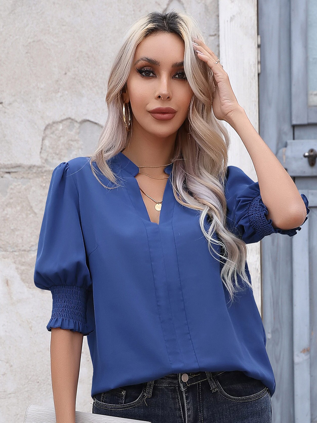 

BoStreet Blue Mandarin Collar Puff Sleeves Regular Top