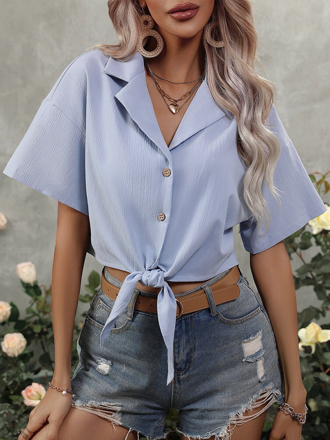 

BoStreet Lavender Extended Sleeves Shirt Style Crop Top