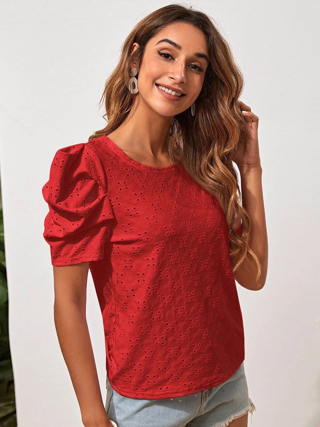 

StyleCast Red Self Design Round Neck Puff Sleeve Schiffli Regular Top