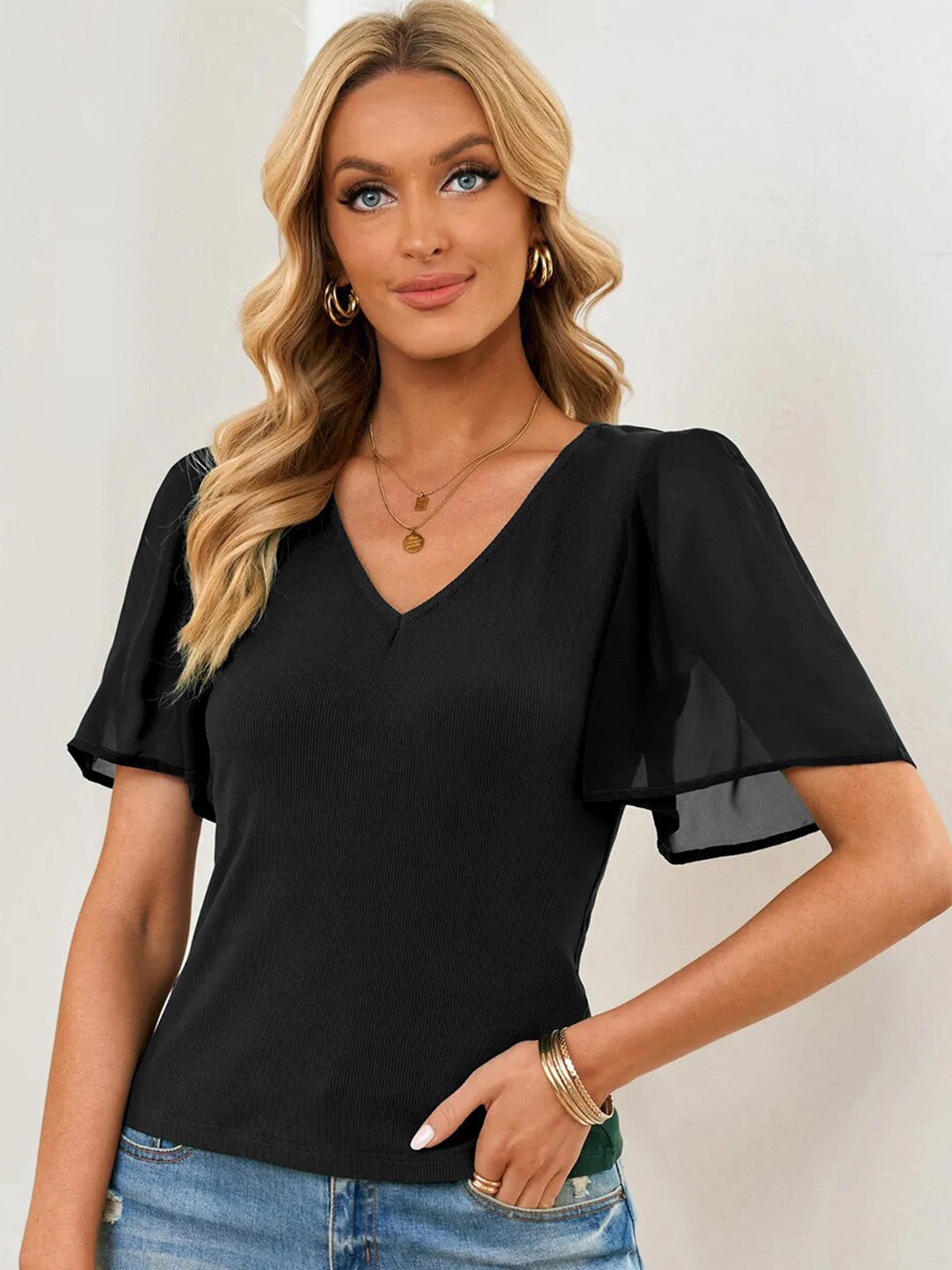 

BoStreet Black V-Neck Flared Sleeve Top