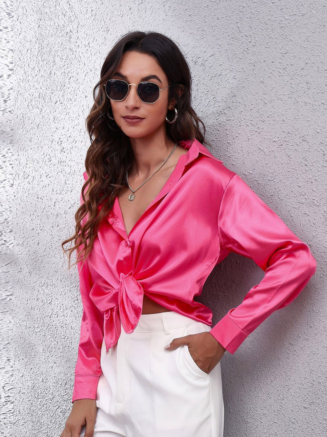 

BoStreet Fuchsia Spread Collar Long Sleeves Satin Shirt