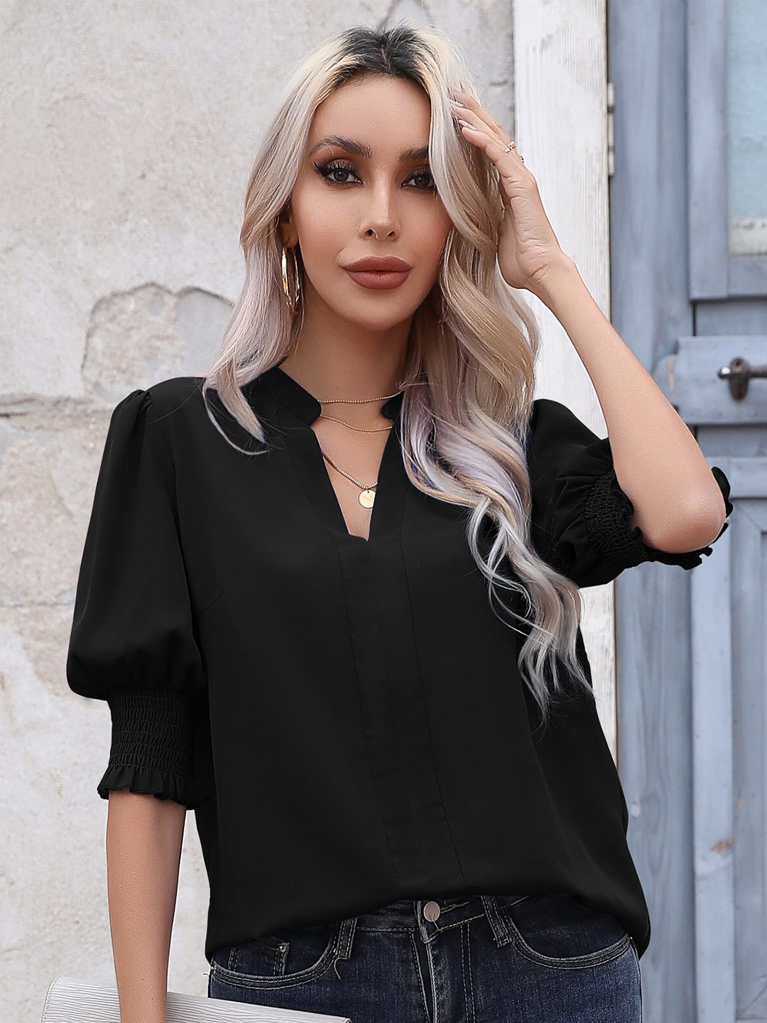 

BoStreet Black Mandarin Collar Puff Sleeve Top