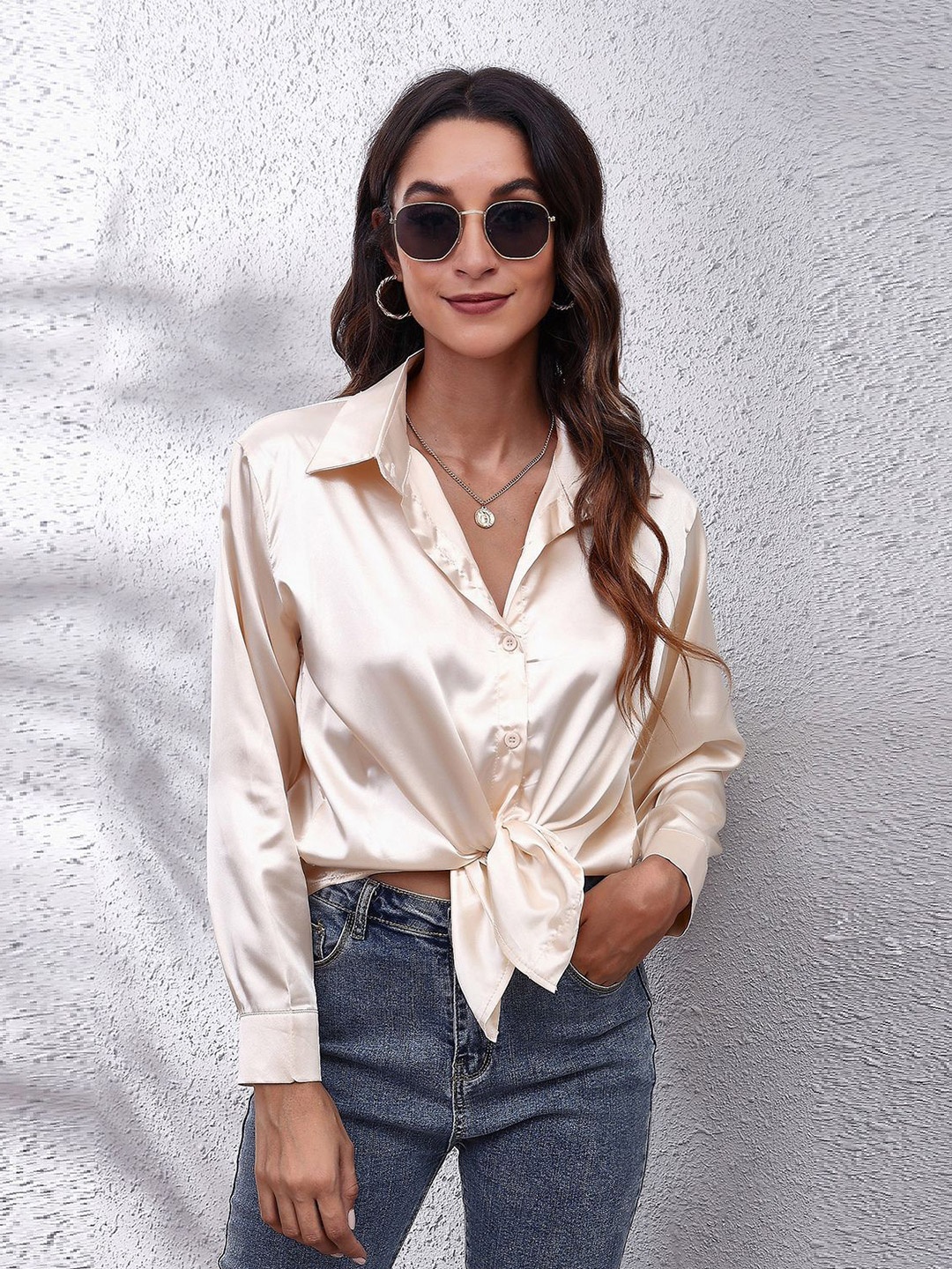 

BoStreet Champagne Spread Collar Long Sleeves Satin Shirt