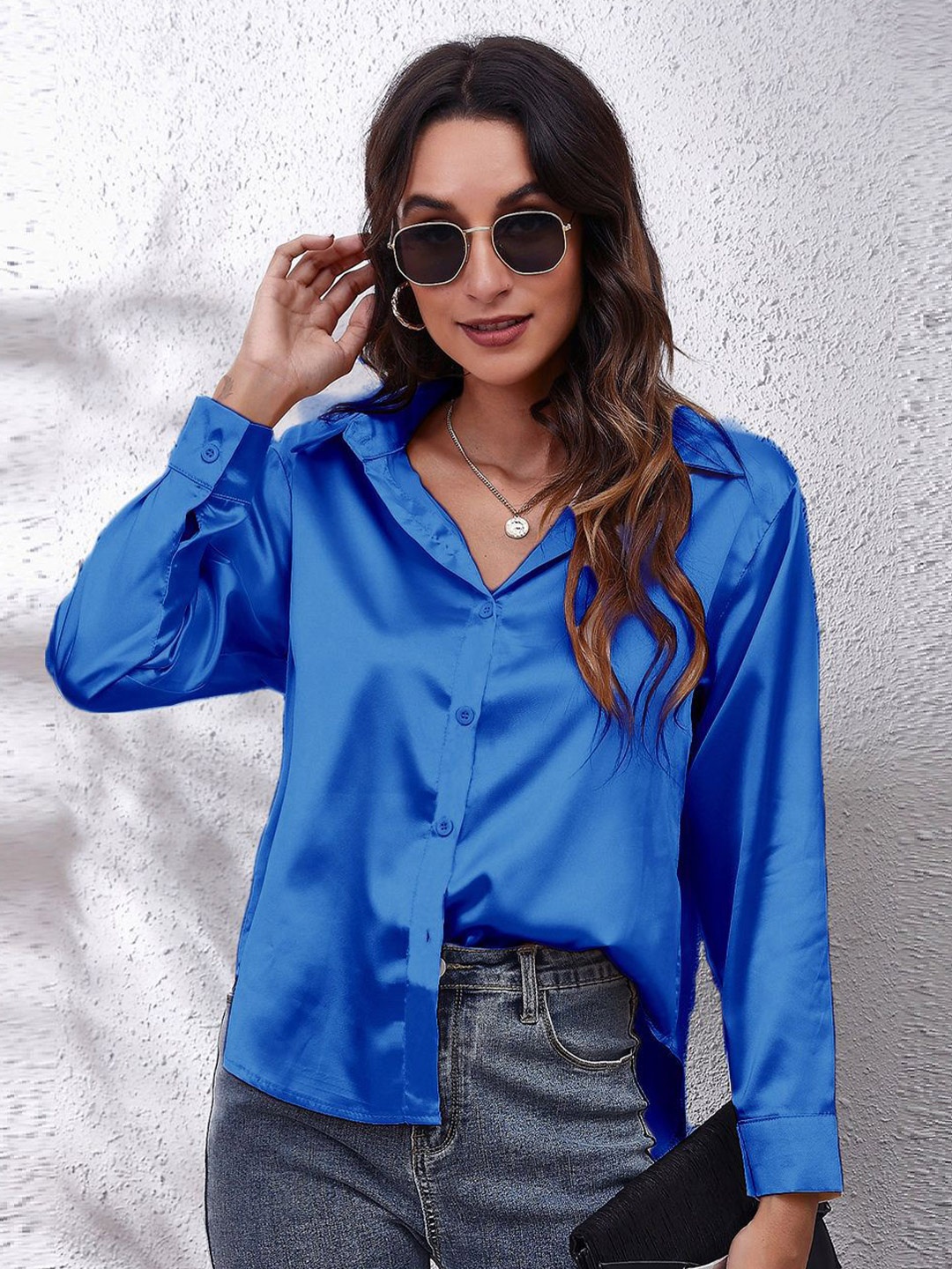 

BoStreet Blue Spread Collar Opaque Casual Shirt