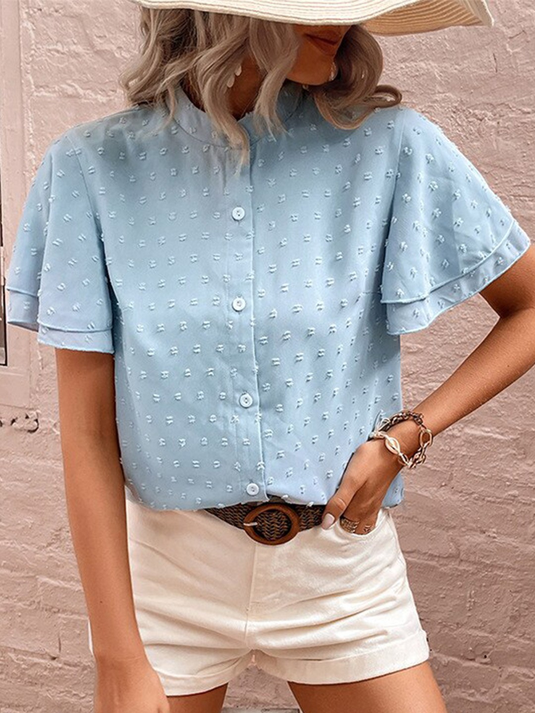 

BoStreet Blue Self Design Mandarin Collar Shirt Style Top