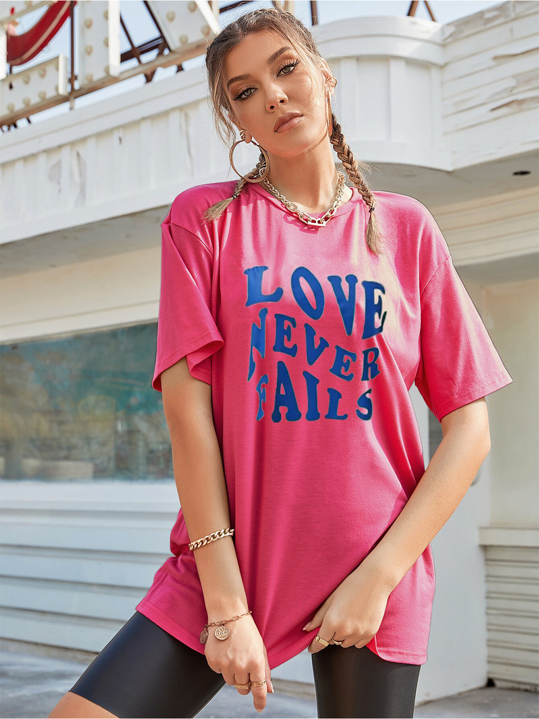 

StyleCast Pink Typography Printed Drop-Shoulder T-Shirt