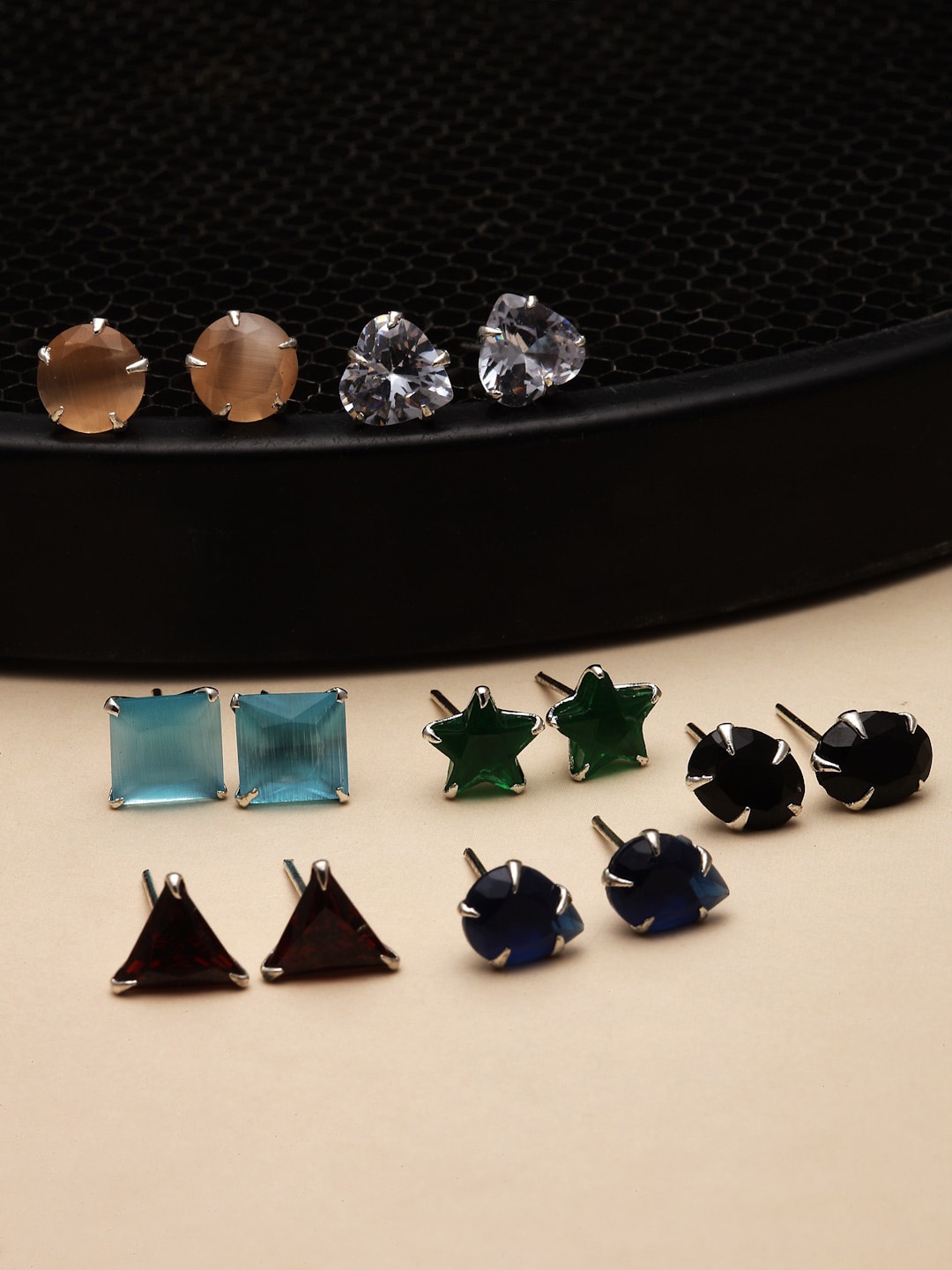

ZENEME Set of 7 Rhodium-Plated Geometric AD studded Studs Earrings, Silver