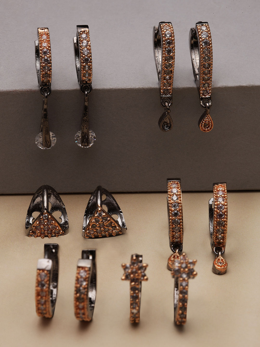 ZENEME Set Of 6 Rose Gold-Plated Black Toned Classic Hoop Earrings