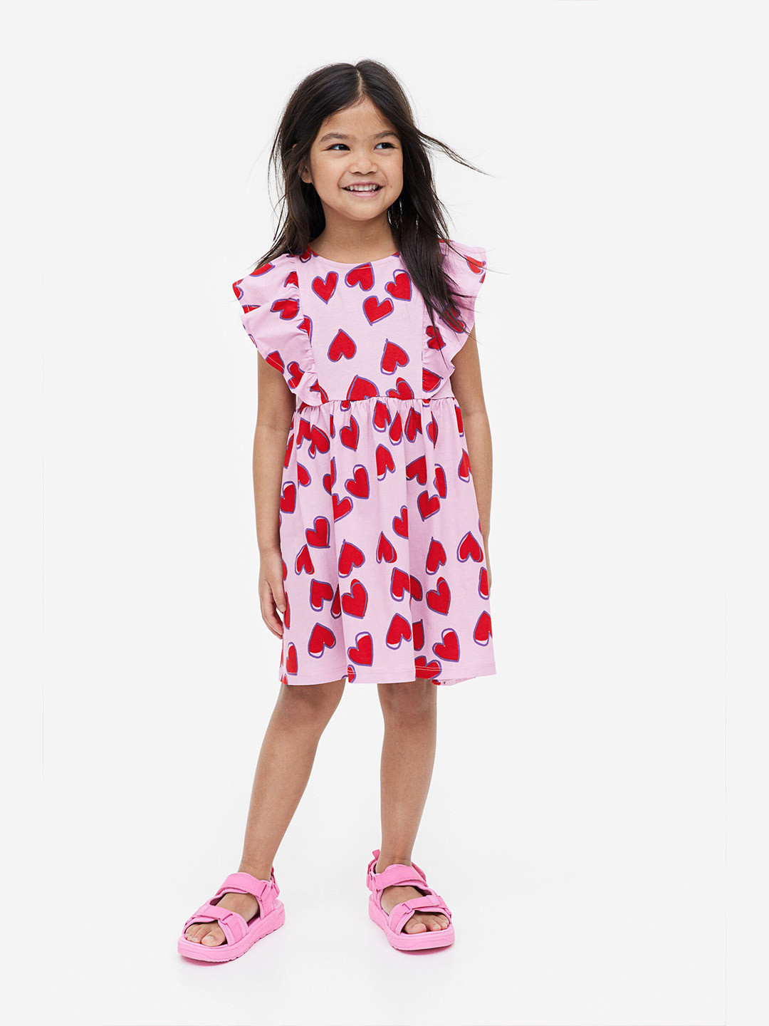 

H&M Girls Flounce-Trimmed Cotton Jersey Dress, Pink
