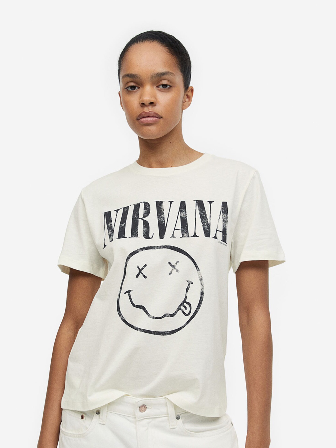 

H&M Women T-Shirt with A Motif, Off white